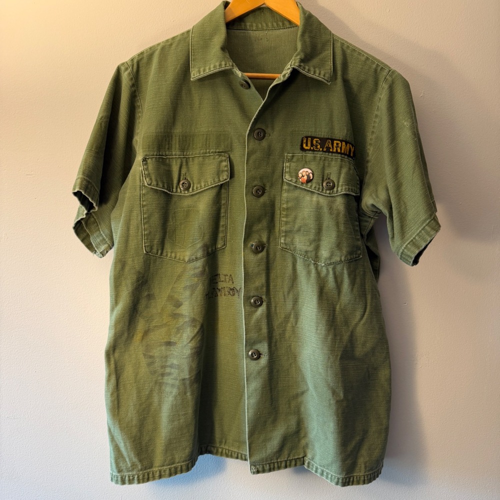 Vintage 70s Vietnam War OG-107 Short Sleeve Cotton Shirt US Army Green Large